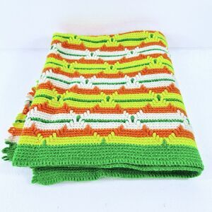 1970s Crochet Afghan Blanket Throw Striped Orange Green Yellow Grannycore 52x36"